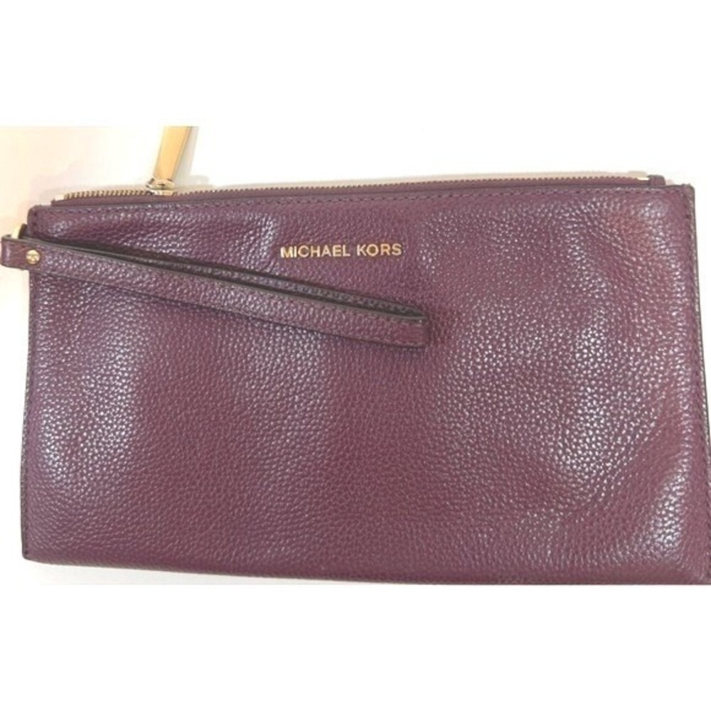 Michael Kors Leather Wristlet Wallet Clutch Burgundy Gold Tone Zipper‎